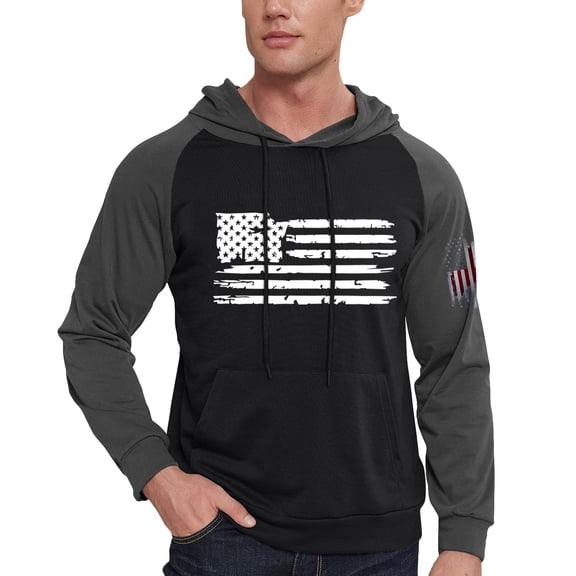 Men's Casual Hooded Drawstring Sweatshirt - Long Flag Print With Pockets - Black - Size L