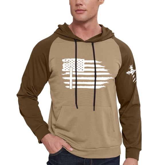 Men's Casual Hooded Drawstring Sweatshirt - Long Flag Print With Pockets - Khaki - Size L