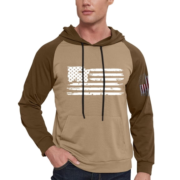 Men's Casual Hooded Drawstring Sweatshirt - Long Flag Print With Pockets - Light Brown - Size XXXXL