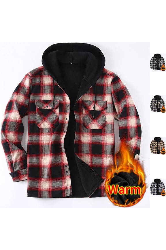 Men's Casual Hooded Plaid Shacket Fleece Lined Flannel Shirt Jacket Warm Thermal Winter Fall Button Down Coats with Chest Pockets for Outdoor, Red, XL