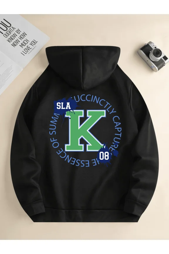 Men's Casual Hooded Sweatshirt Black Pullover With Letter K & Slogan Graphic Print  & Comfortable Outerwear