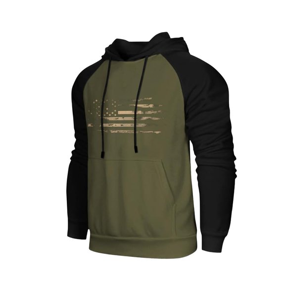 Men's Casual Hooded Sweatshirt - Drawstring Flag Print Long Sleeve Pullover With Pockets, Army Green, XXXL