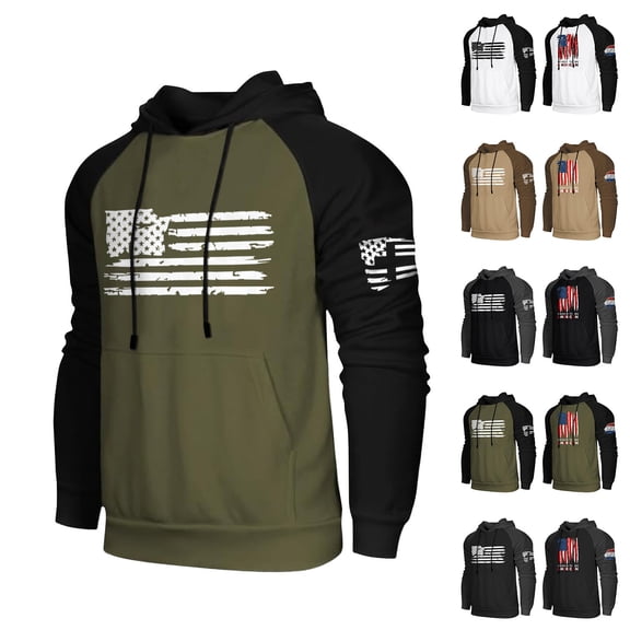 Men's Casual Hooded Sweatshirt with Drawstring & Long Flag Print, Pockets Included, Patriotic Streetwear for 4th of July, Christmas, Outdoor and Casual Events,Gray,M