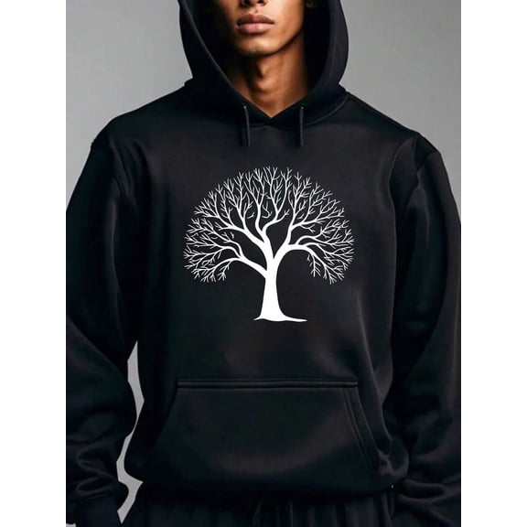 Men's Casual Hooded Sweatshirt - Tree Print Fleece, Long Sleeve, Regular Fit, Slight Stretch (S-XXXL) - Fall/Winter Fashion Gift