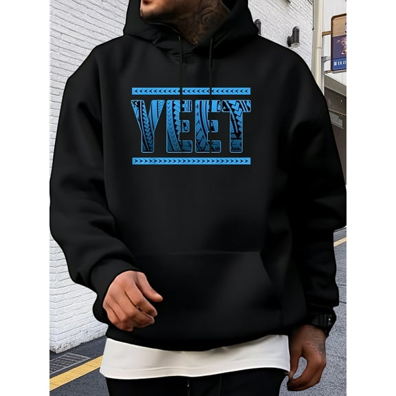 Men's Casual Hoodie with Bold 'YEET' Letter Print - Vibrant Red 100% Polyester, Regular Fit Kangaroo Pocket, All-Season Comfort & Machine Washable, Essential Hoodie