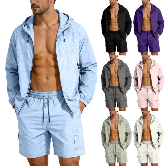 Men's Casual Hoodie Tracksuits 2 Piece Quick Dry Outfits Long Sleeve Zip Up Athletic Jacket with Shorts Jogger Suit 4XL Big Men Purple