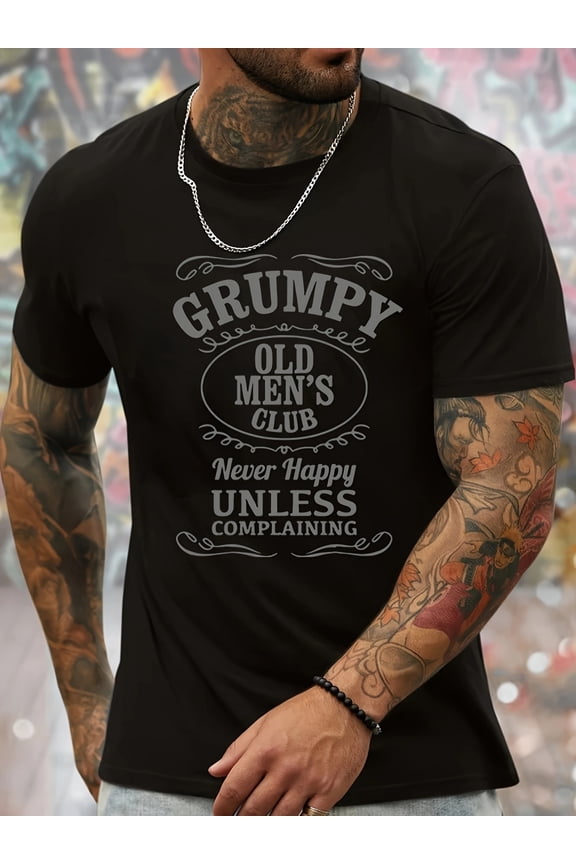 Men's Casual Humorous Graphic T-Shirt - "Grumpy Old Men's Club" Funny Saying & Geometric Print, Regular Fit Round Neck, Machine Washable, Spring Summer Comfort Tee, Funny T Shirts