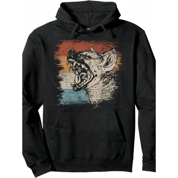 Men's Casual Hyena Graphic Hoodie - Cozy Cotton Blend Pullover With Pocket, Long Sleeve, Black With Vibrant Wolf Print, Perfect For Fall And Winter, Relaxed Fit Pullover | Graphic Print Hoodie |