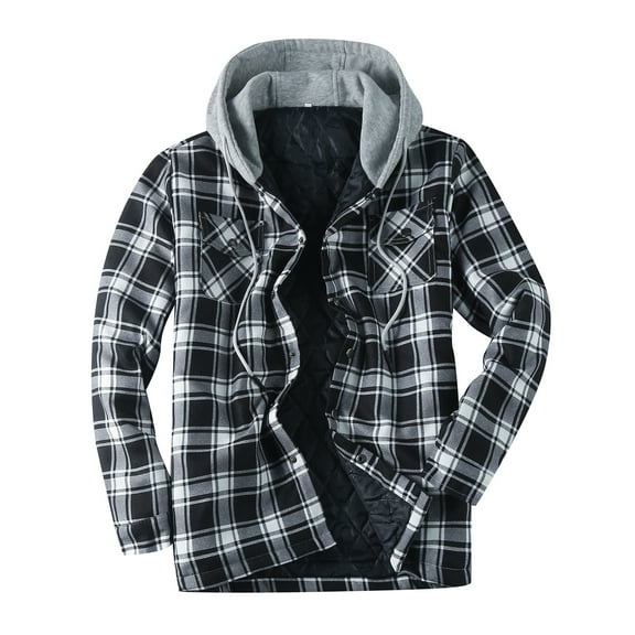 Men's Casual Jacket Autumn Winter Fashion Hooded Zip Up Checkered Lapel Pocket Outerwear Lightweight Comfortable Stylish
