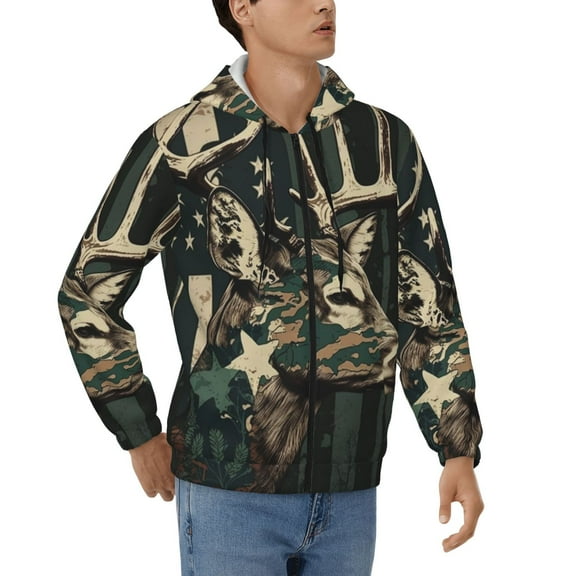 Men's Casual Jacket Full Zip Hoodie Hooded Sweatshirts, Deer Camo American Flag Camouflage