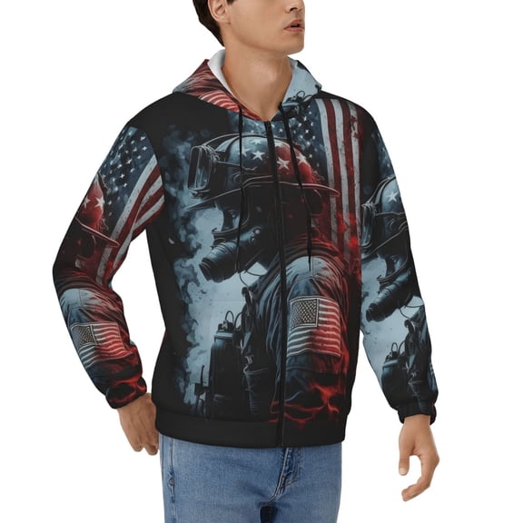 Men's Casual Jacket Full Zip Hoodie Hooded Sweatshirts, Fireman American Flag