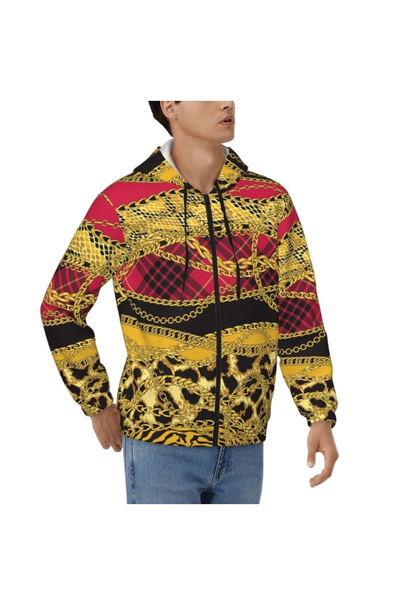 Men's Casual Jacket Full Zip Hoodie Hooded Sweatshirts, Gold Chains Leopard Snake Skin Scottish Tartan