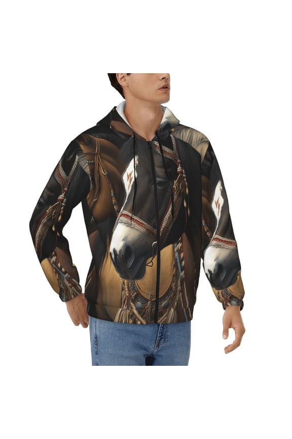 Men's Casual Jacket Full Zip Hoodie Hooded Sweatshirts, Indian Horses Native American