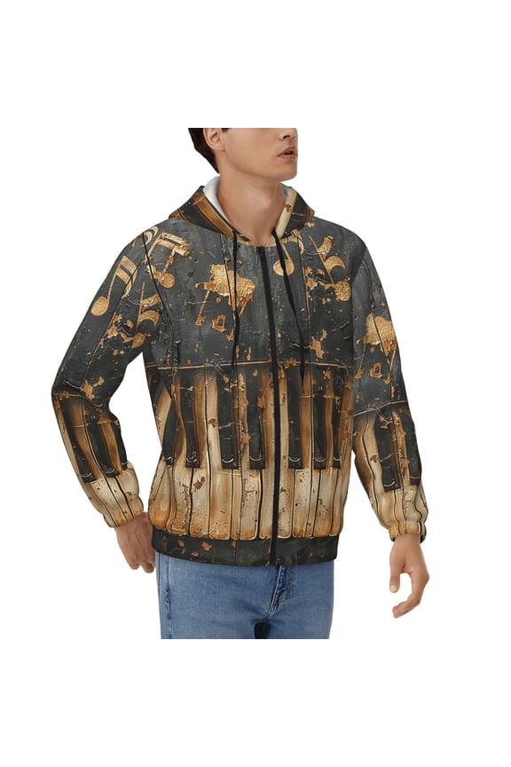 Men's Casual Jacket Full Zip Hoodie Hooded Sweatshirts, Musical Notes Piano Vintage Golden