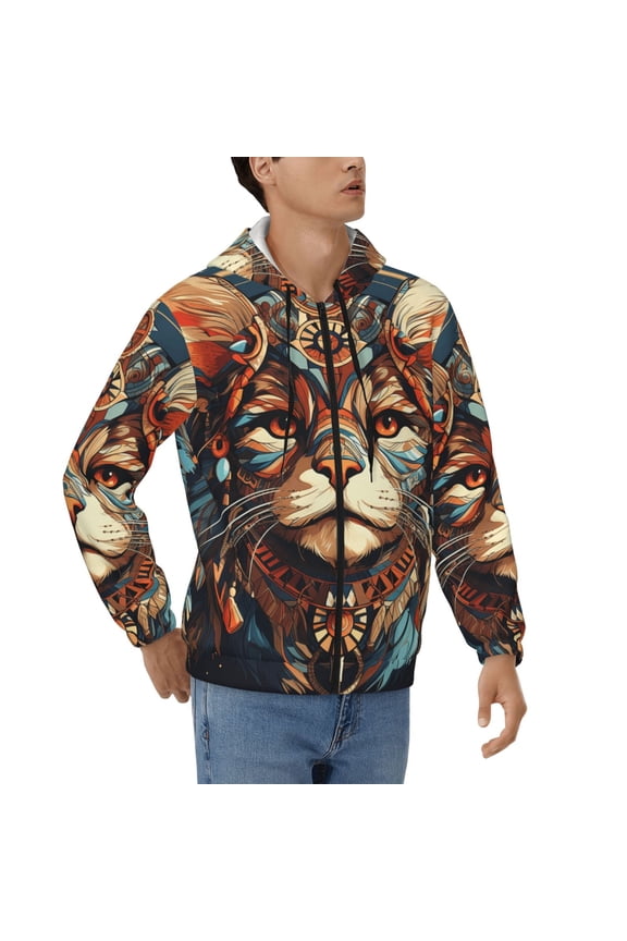 Men's Casual Jacket Full Zip Hoodie Hooded Sweatshirts, Native American Cat Indian