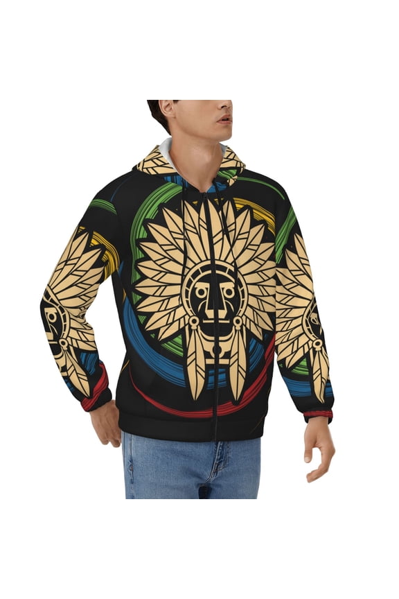 Men's Casual Jacket Full Zip Hoodie Hooded Sweatshirts, Native American Indian Chief Head Face