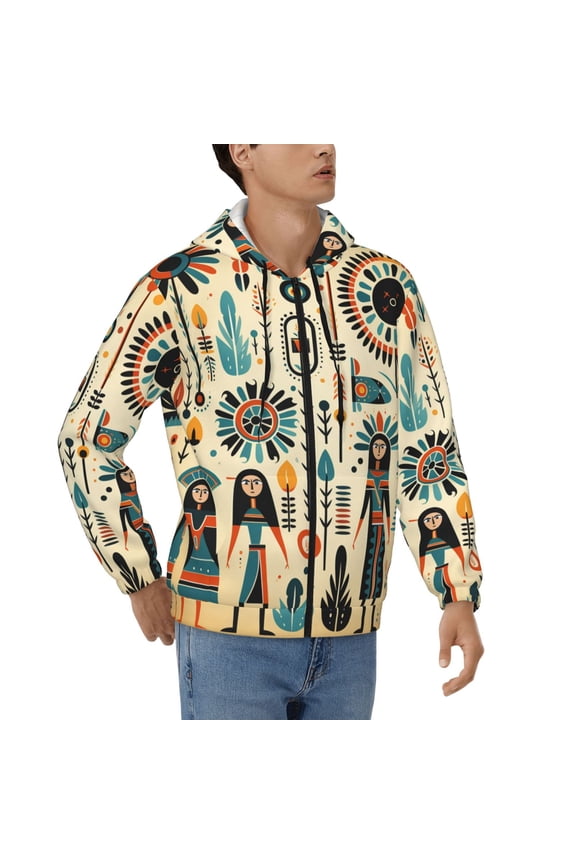 Men's Casual Jacket Full Zip Hoodie Hooded Sweatshirts, Native American Tribe Cartoon Art