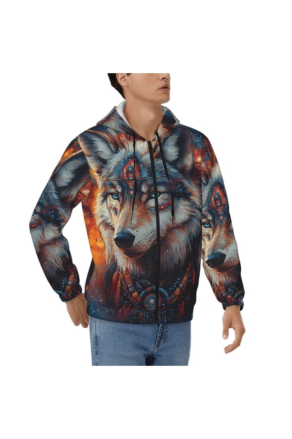 Men's Casual Jacket Full Zip Hoodie Hooded Sweatshirts, Native American Wolf Spirit Abstract