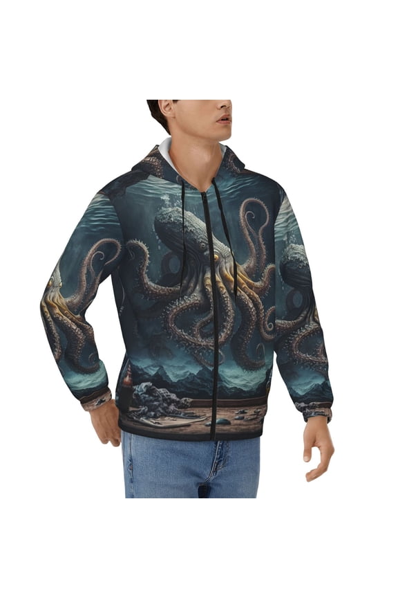 Men's Casual Jacket Full Zip Hoodie Hooded Sweatshirts, Octopus Kraken Monster Vintage Cool
