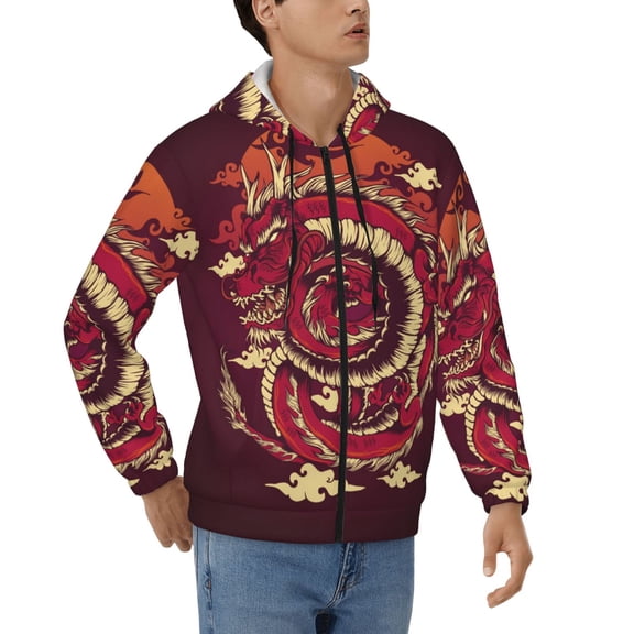 Men's Casual Jacket Full Zip Hoodie Hooded Sweatshirts, Red Dragon Cloud Japan Traditional