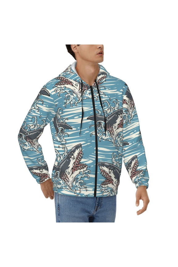 Men's Casual Jacket Full Zip Hoodie Hooded Sweatshirts, Sea Sharks Waves Vintage Shark