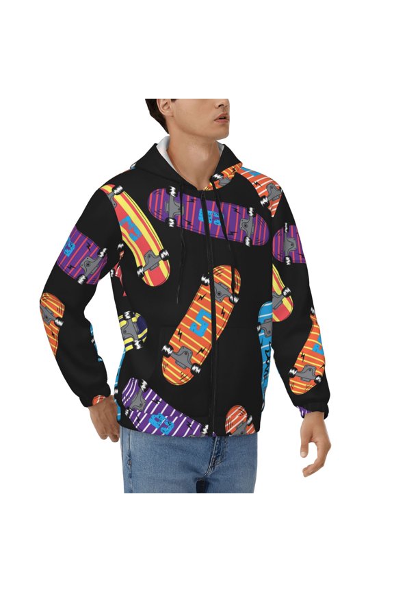Men's Casual Jacket Full Zip Hoodie Hooded Sweatshirts, Skateboard Pattern Retro