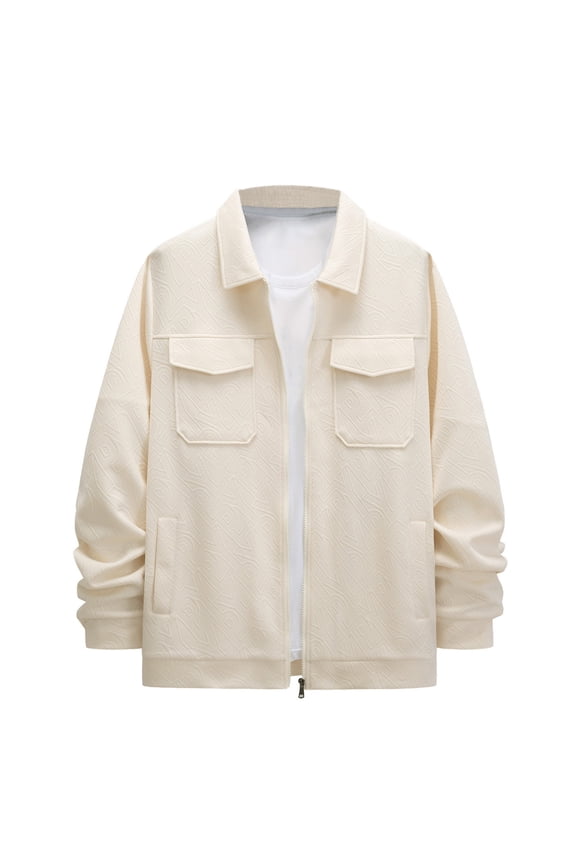 Men's Casual Jacket Lightweight Long Sleeve Jacquard Design Lapel Collar Zippered Pockets Stylish Outerwear for Fall