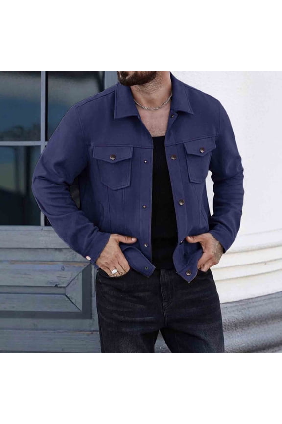 Men's Casual Jacket Solid Color Slim Fit Buckle Pocket Long Sleeve Turndown Collar Blouse Style
