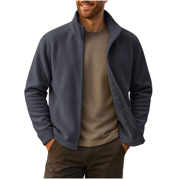 Men's Casual Jacket Stand Collar Front-Zip Solid Color Long Sleeve Polar Fleece Outwear Velvet Thermal Coat With Pockets (M, Gray)