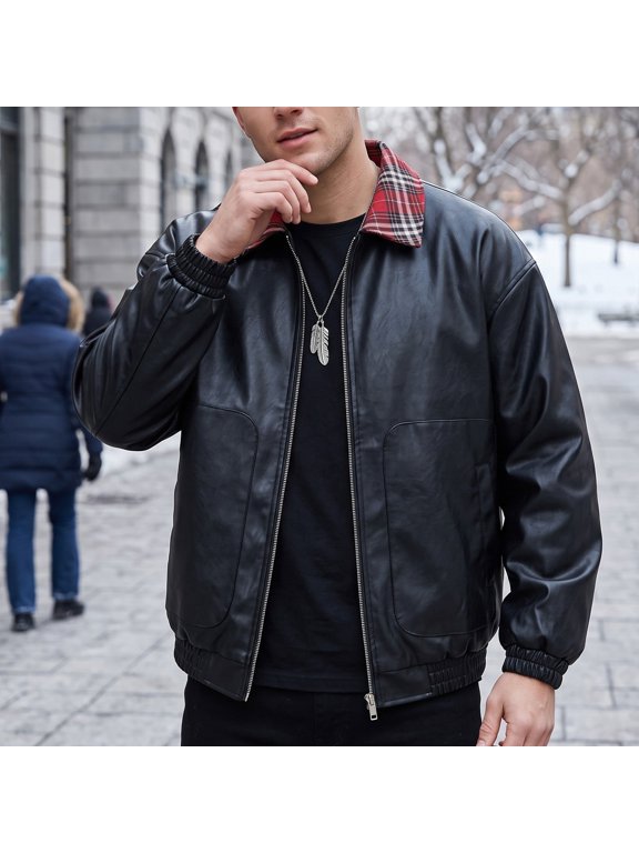 Men's Casual Jackets Leather Long Sleeve Zip Up Collared Crop Motorcycle Lightweight Coat Outerwear for Autumn Winter Daily Wear(Black,XXXL)