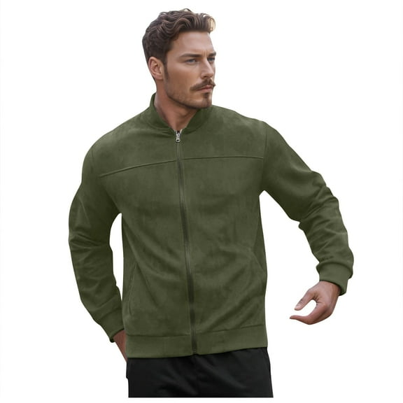 Men's Casual Jackets Men's Solid Color Suede Lightweight Stand Up Collar Zipper Cardigan Jacket Comfortable Loose Business Casual Design