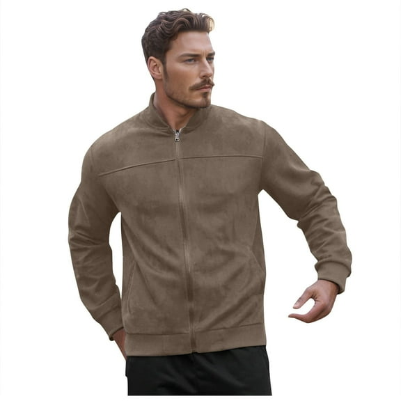 Men's Casual Jackets Men's Solid Color Suede Lightweight Stand Up Collar Zipper Cardigan Jacket Comfortable Loose Business Casual Design