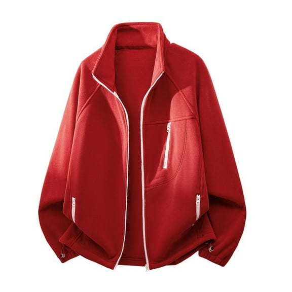 Men's Casual Jackets Stand Collar Long Sleeve Multi Zip-Pockets Solid Color Lightweight Fuzzy Polar Fleece Outwear (4XL, Red)