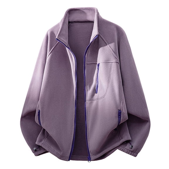 Men's Casual Jackets Stand Collar Long Sleeve Multi Zip-Pockets Solid Color Lightweight Fuzzy Polar Fleece Outwear (XXL, Purple)