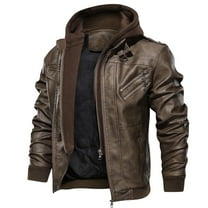 Men’s Casual Jackets Stand Collar PU Faux Leather Zip-Up Motorcycle Bomber Jacket With a Removable Hood