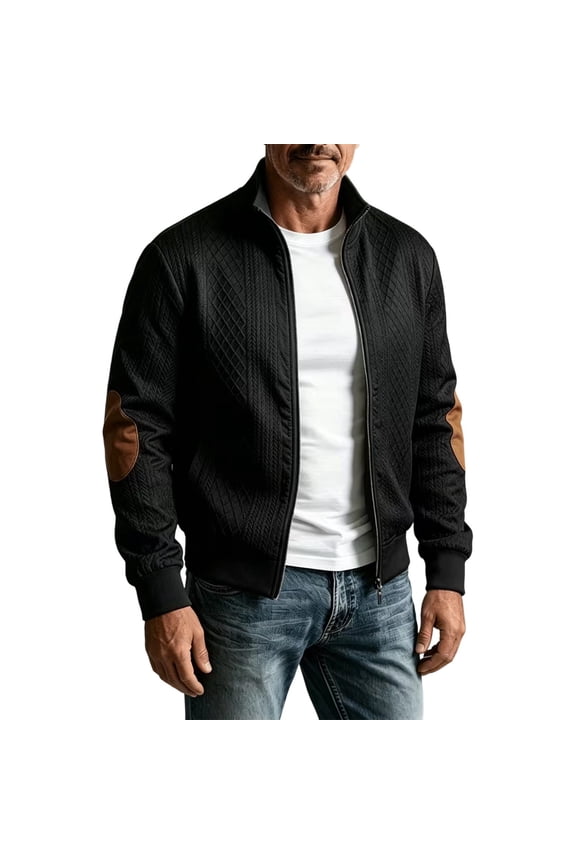 Men's Casual Jacquard Jacket Lightweight Zip Up Vintage Jacket Stand Collar Bomber Jacket with Elbow Patches