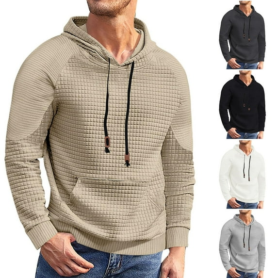Men's Casual Jacquard Plaid Hooded Sweatshirt, Lightweight Pullover Shirt with Large Front Pockets, Long Sleeve Fall Spring Basic Layering Piece,Black,L