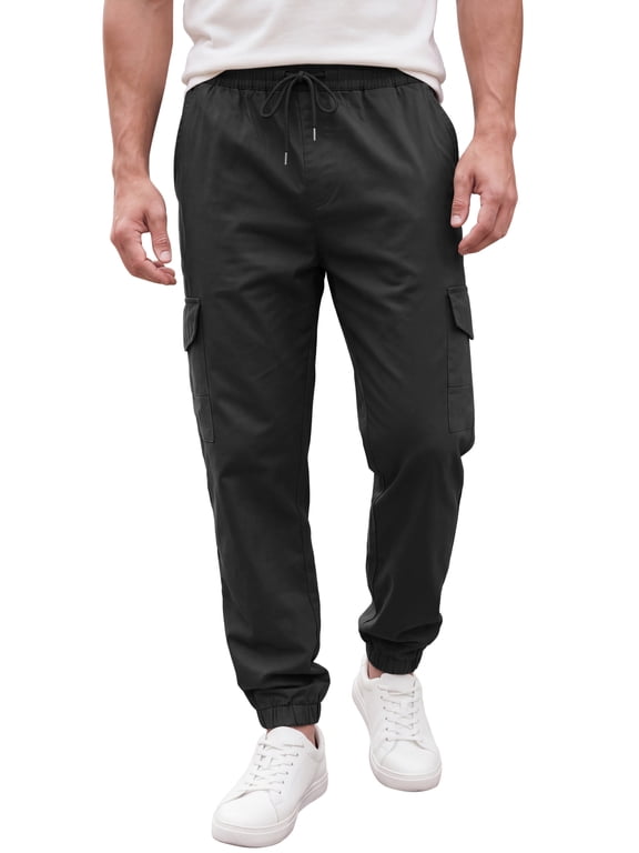 Men's Casual Jogger Solid Color Drawstring Waist Multi-Pocket Cargo Pants 30 Black