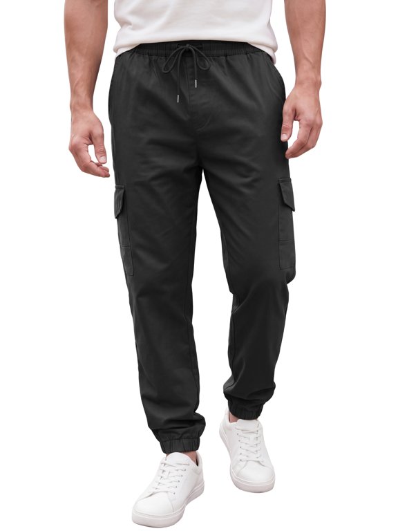 Men's Casual Jogger Solid Color Drawstring Waist Multi-Pocket Cargo Pants 34 Black