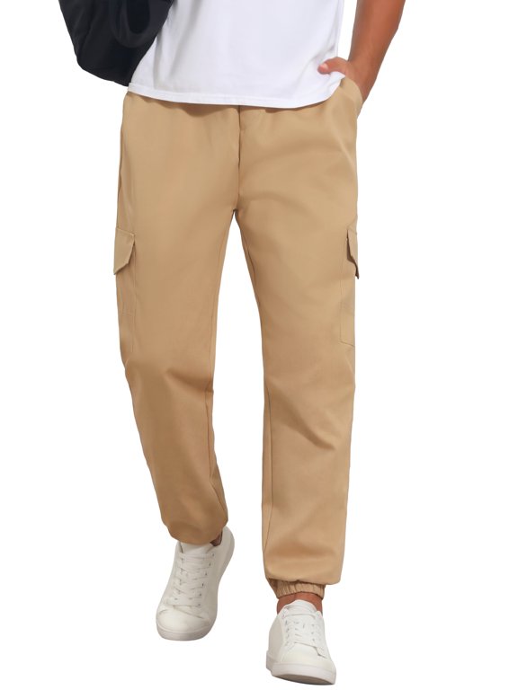 Men's Casual Jogger Solid Color Drawstring Waist Multi-Pocket Cargo Pants 34 Khaki