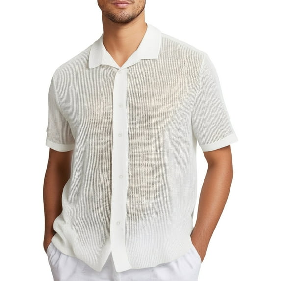 Men's Casual Knit Lapel Short Sleeve Shirt - Summer Solid Color Hollow Breathable Top - Polyester Lightweight Design - Contrast Print Decor - S-XXXL