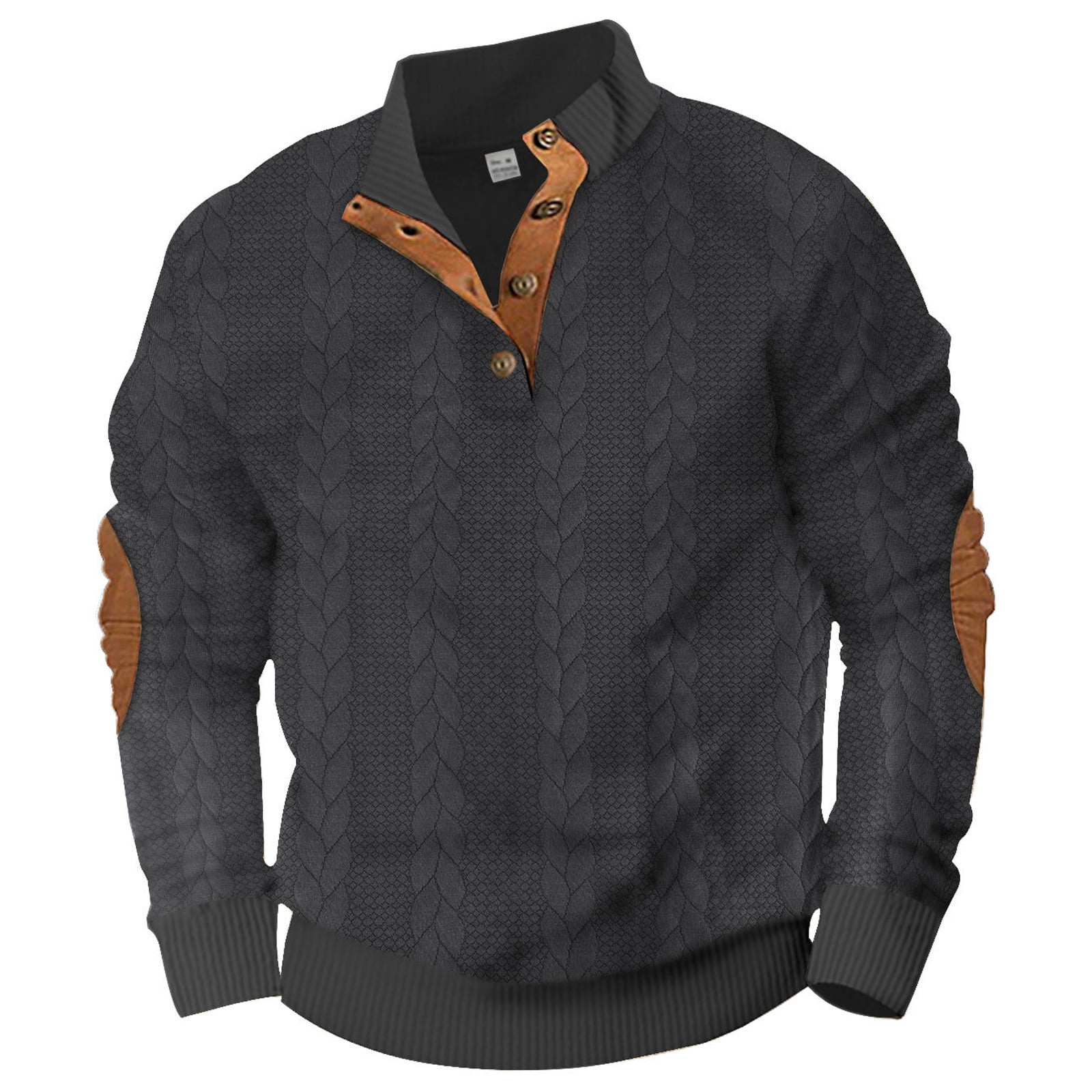 Men s Casual Knit Sweater with Suede Elbow Patches Button Up Collar Navy Blue