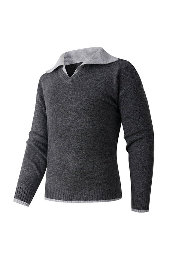 Men's Casual Knitted Sweater Color Blocked Lapel Long Sleeve Stretch Thick Comfortable Soft Sweater Shirts Tops (3XL, Dark Gray)