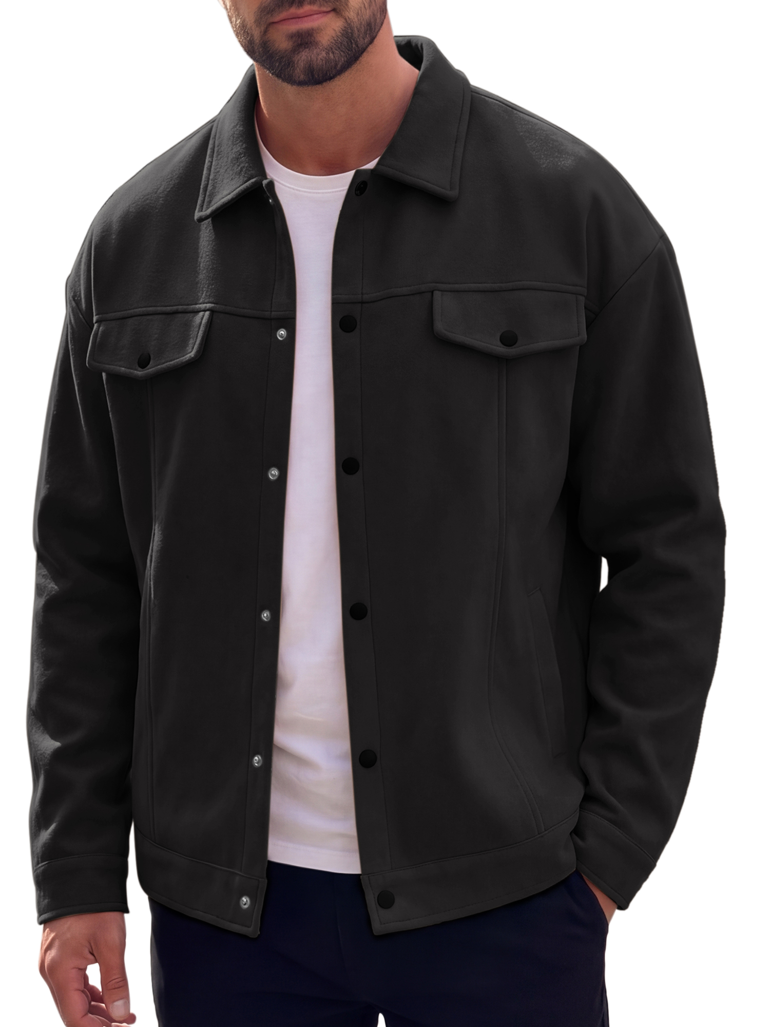 Men's Casual Lapel Button Long Sleeves Trucker Jacket for Everyday Wear S Black