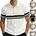 thumbnail image 1 of Men's Casual Lapel Shirt Acrylic Knit, Short Sleeve Shirt Breathable Comfort, Notch Lapel Regular Fit Button Closure, Stripe Texture Full Button Front, Daily Office | Zenithor,Khaki S, 1 of 6