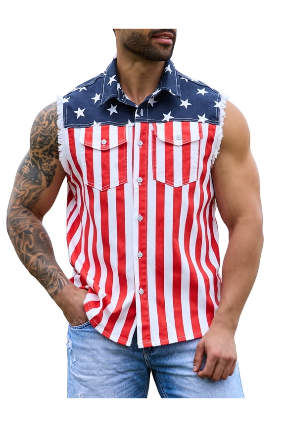 Men's Casual Lapel Sleeveless Denim Vest Jacket Stretch American Flag Shirt Vest