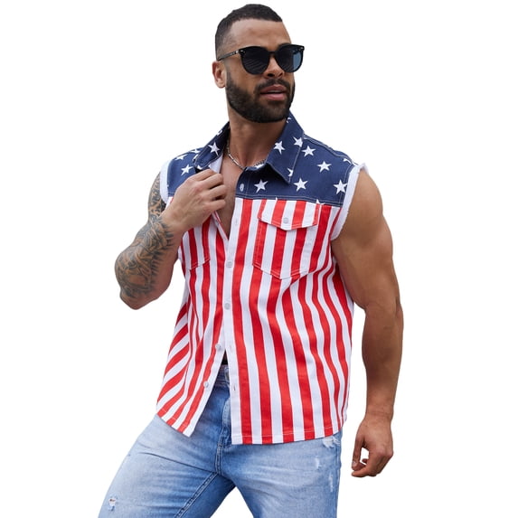 250th Anniversary American Flag Denim Sleeveless Shirt for Men(Red White and Blue,L)