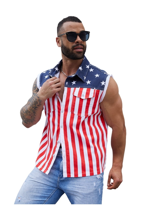 250th Anniversary American Flag Denim Vest for Men Sleeveless 4th of July Outfits(Red White and Blue,M)