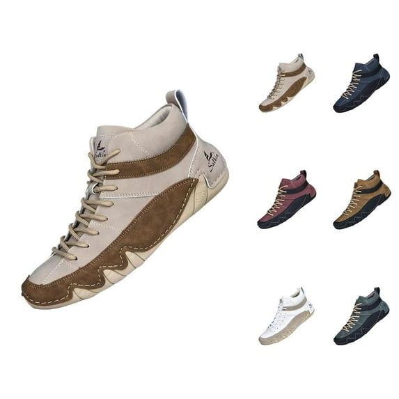 Men's Casual Leather Boots High Top Handmade Stitching Comfortable Flat Heel Shoes For Daily Wear With Jeans In Autumn Winter Mens Shoes Running