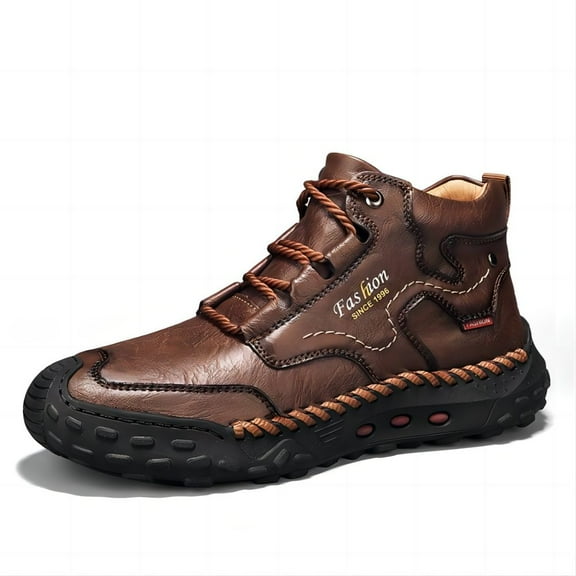 Men's Casual Leather Boots Outdoor For Hiking Lightweight Comfort Breathable Non-slip Mid-Top Ankle Shoes Brown 11.5 US